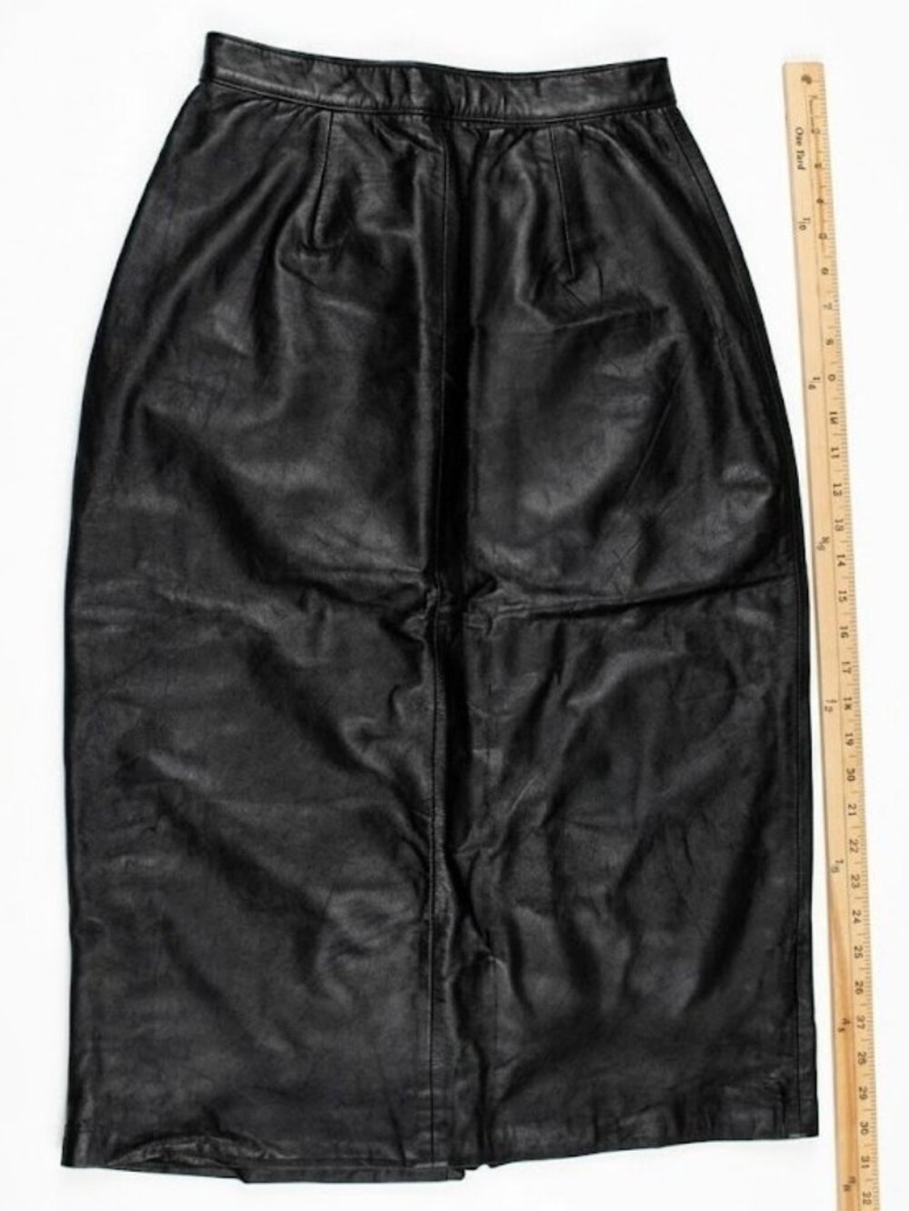 Cognac Vintage 90s Black Leather Midi Skirt Size 6 Retro Goth Broken Zipper